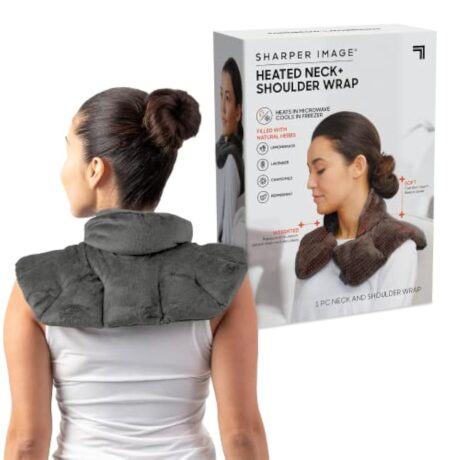 Heated Neck & Shoulder Wrap by Sharper Image - Microwavable Warm & Cooling Plush Pad with Aromatherapy (100% Natural Lavender & Herb Spa Blend) - Soothing Muscle Pain & Tension Relief Therapy - Gray