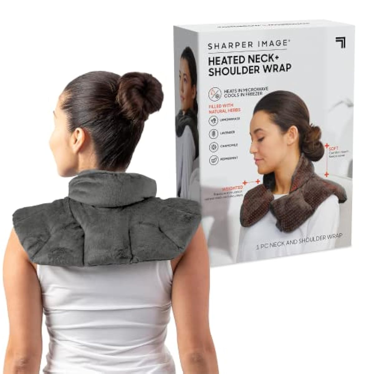 Heated Neck & Shoulder Wrap by Sharper Image - Microwavable Warm & Cooling Plush Pad with Aromatherapy (100% Natural Lavender & Herb Spa Blend) - Soothing Muscle Pain & Tension Relief Therapy - Gray