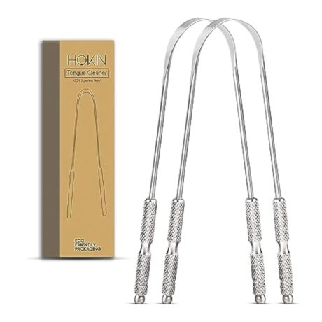 Tongue Scraper for Adults by HOKIN (2Pcs Oral Care Pack) Stainless Steel Tongue Cleaners Reduce Bad Breath 100% Metal Tough Scrapers Men and Women Hygiene Product