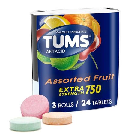 TUMS Extra Strength Assorted Fruit Antacid Chewable Tablets for Heartburn Relief, 3 rolls of 8ct