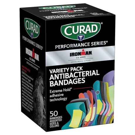 Curad Performance Series Ironman Antibacterial Bandages, Extreme Hold Adhesive Technology, Assorted Variety Pack Includes Standard, XL, Finger & Knuckle Fabric Bandages, 50 Count